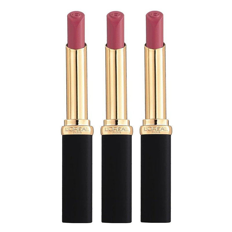 L'Oreal Paris Color Riche Intense Volume Matte Lipstick 482 Le Mauve Indomptable Three L'Oreal lipsticks with black and gold packaging on a white background