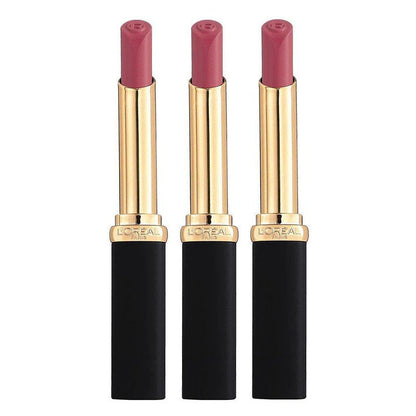 L'Oreal Paris Color Riche Intense Volume Matte Lipstick 482 Le Mauve Indomptable Three L'Oreal lipsticks with black and gold packaging on a white background