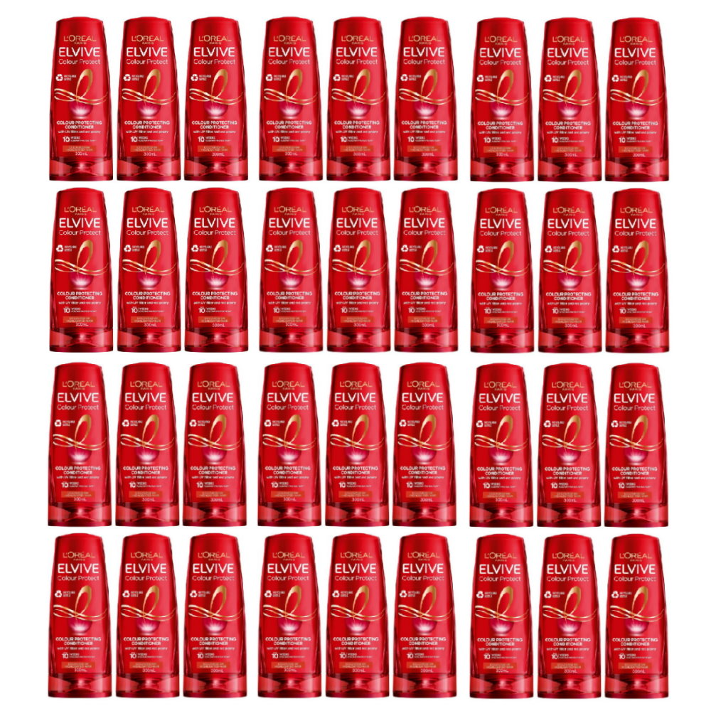 Multiple bottles of L'Oreal Elvive hair care products on a white background