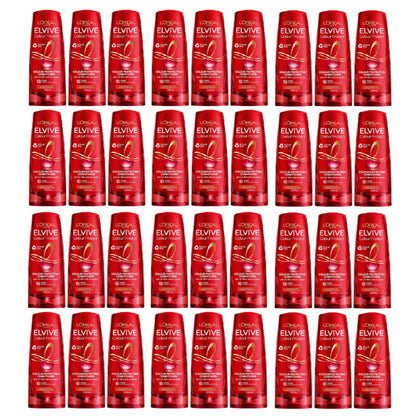 Multiple bottles of L'Oreal Elvive hair care products on a white background