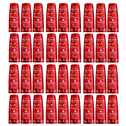 Multiple bottles of L'Oreal Elvive hair care products on a white background