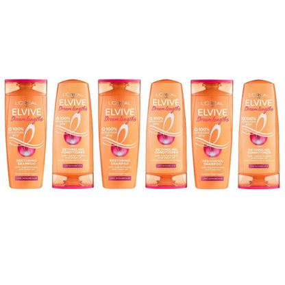 6pk L'Oreal Paris Elvive Dream Lengths Detangling Shampoo and Conditioner Set 300ml