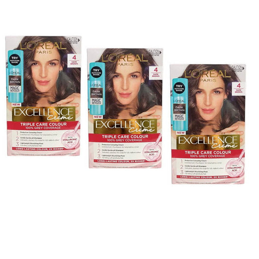 3pk L'Oreal Paris Excellence Creme Hair Colour 4 Dark Brown