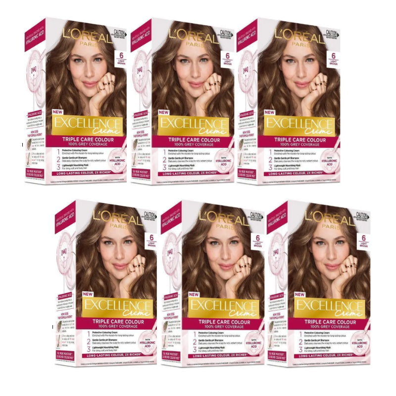 6x L'Oreal Paris Excellence Creme Hair Colour 6 Light Brown
