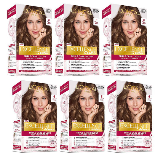 6x L'Oreal Paris Excellence Creme Hair Colour 6 Light Brown