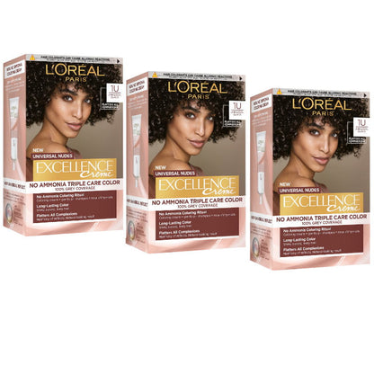 Three boxes of L'Oreal Paris Excellence Creme hair color on a white background