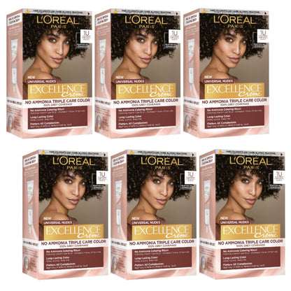 6x L'Oreal Paris Excellence Creme Universal Nudes Hair Colour 1U Universal Black