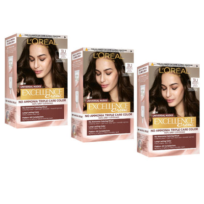 3x L'Oreal Paris Excellence Creme Universal Nudes Hair Colour 3U Dark Brown