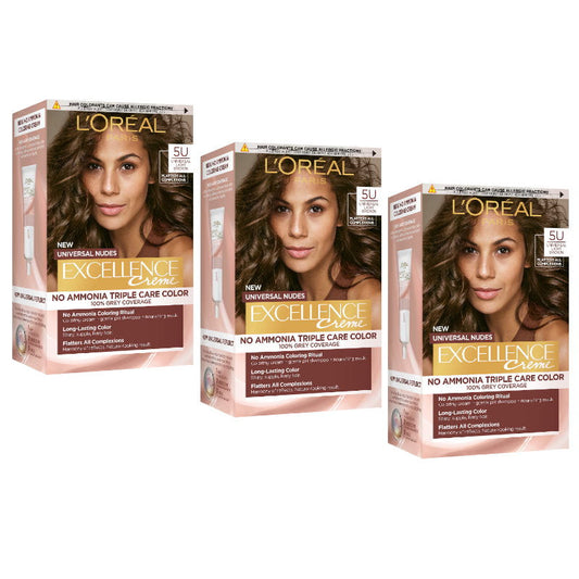3x L'Oreal Paris Excellence Creme Universal Nudes Hair Colour 5U Light Brown