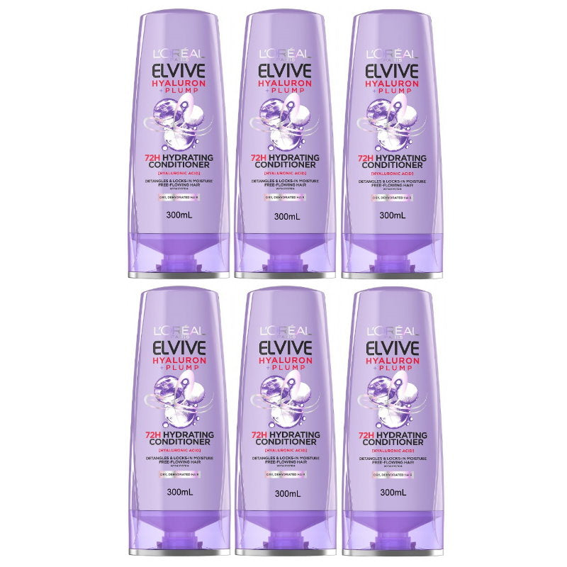 Six bottles of L'Oreal Elvive Hyaluron Plump conditioner on a white background