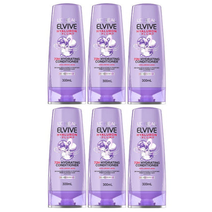 Six bottles of L'Oreal Elvive Hyaluron Plump conditioner on a white background