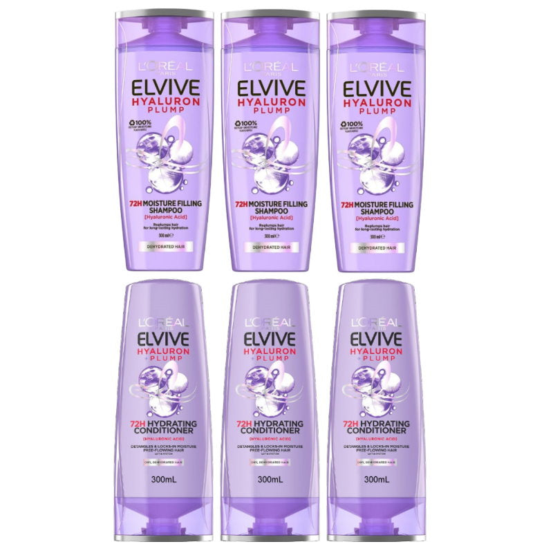 6pk L'Oreal Paris Hyaluron Plump Shampoo and Conditioner Set 300mL