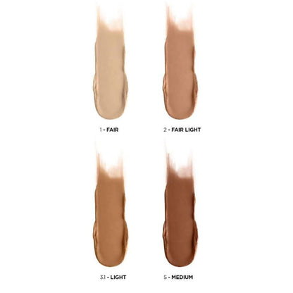 Foundation swatches labeled 1+ Fair, 2+ Fair Light, 3.1 Light, and 5 Medium on a white background. L'Oreal Paris Infallible 24H Face Sculptor Contour
