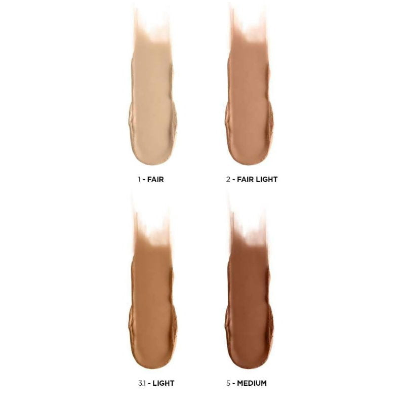 Foundation swatches labeled 1+ Fair, 2+ Fair Light, 3.1 Light, and 5 Medium on a white background. L'Oreal Paris Infallible 24H Face Sculptor Contour