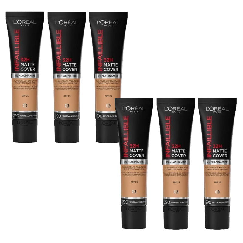 6x L'Oreal Paris Infaillible 32H Matte Cover Foundation 30ml 290 Neutral Undertone