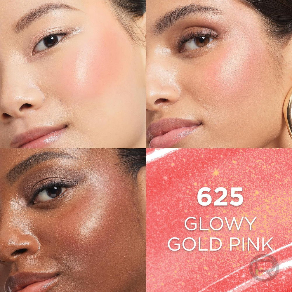 Three close-up views of a woman's face with a color swatch labeled '625 Glowy Gold Pink'.