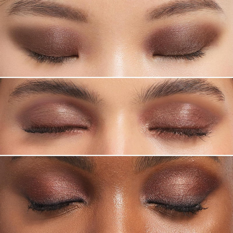 L'Oreal Paris Paradise Le Shadow Stick 240 Brown Abyss Close-up of a person's eyes with brown eyeshadow in three different poses.