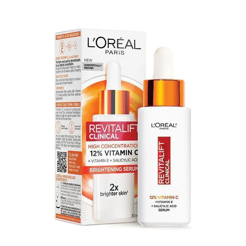 L'Oreal Revitalift Clinical serum bottle and packaging on a white background