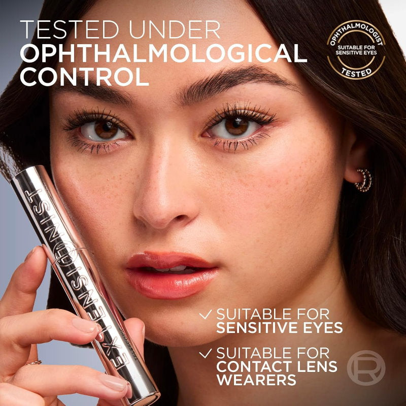Woman holding a makeup product with text about ophthalmological control and suitability for sensitive eyes.