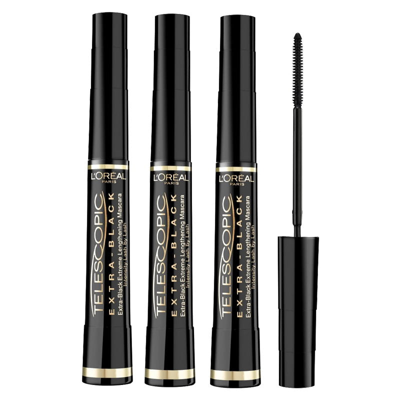 3x L'Oreal Paris Telescopic Extra Black Extreme Length Mascara - Carbon Black