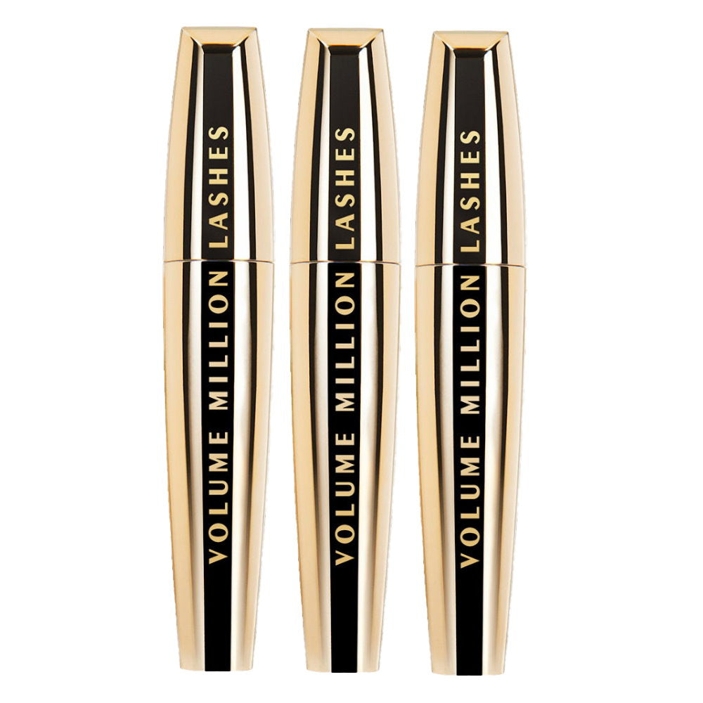 Three bottles of 'Volume Million Lashes' mascara on a white background