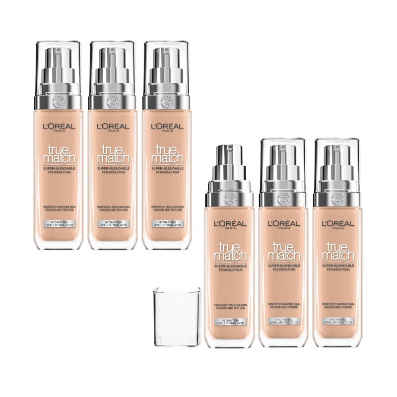 Set of L'Oreal True Match foundation bottles on a white background
