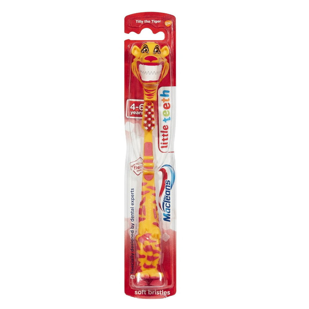 4pk Macleans Little Teeth Toothbrush 4-6 years, Shark Croc Tiger Bunny