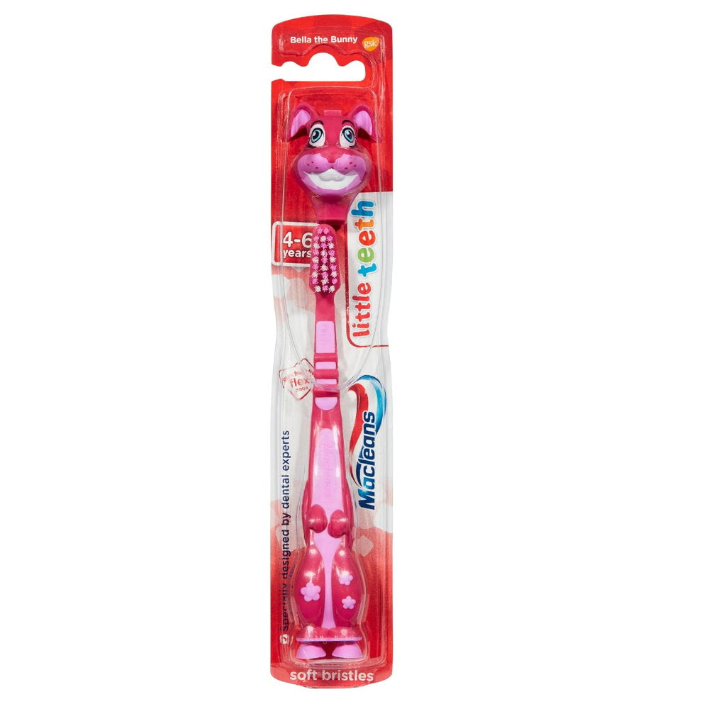 4pk Macleans Little Teeth Toothbrush 4-6 years, Shark Croc Tiger Bunny