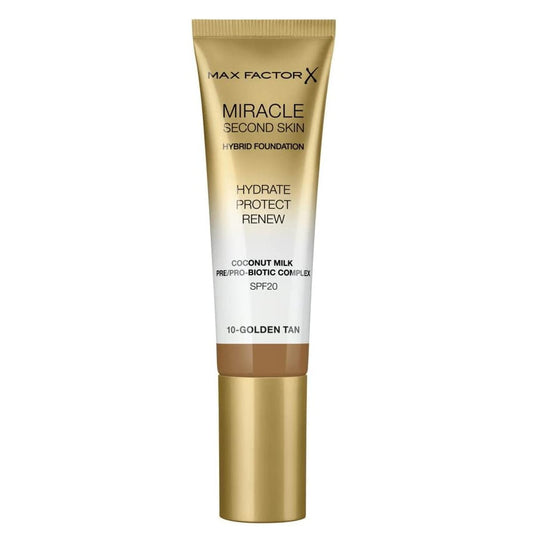 Max Factor Miracle Second Skin Hybrid Foundation SPF20 30mL 10 Golden Tan - Makeup Warehouse Australia