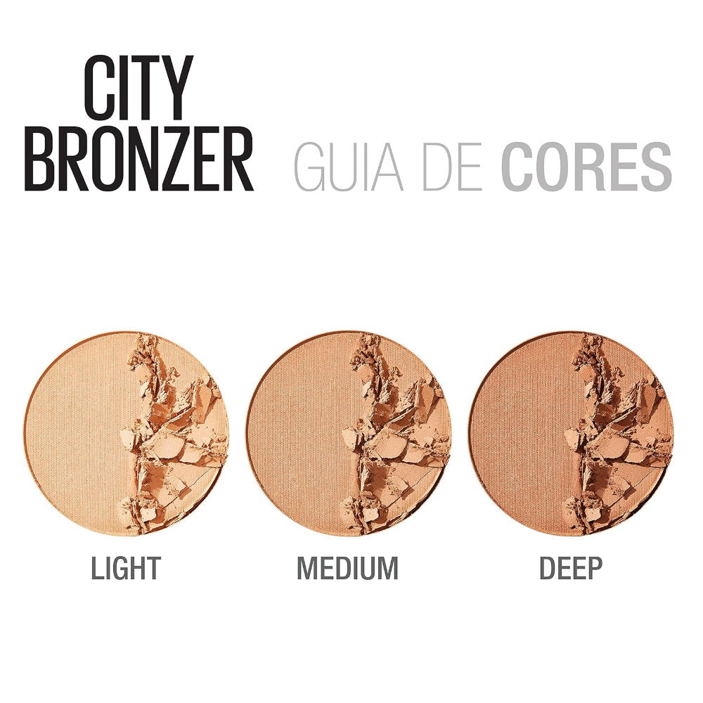 City Bronzer color guide with three shades labeled Light, Medium, and Deep on a white background.