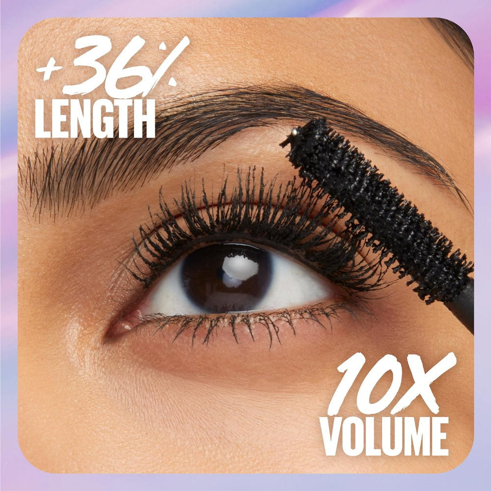 Eyelash with mascara brush and text indicating length and volume enhancement on a close-up of an eye.