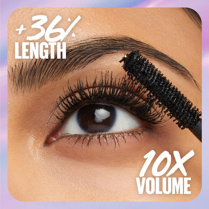Eyelash with mascara brush and text indicating length and volume enhancement on a close-up of an eye.