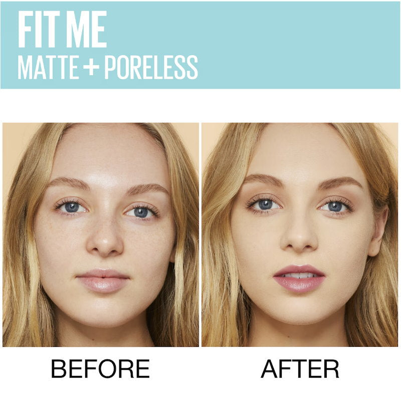 Before and after comparison of a woman's face with 'Fit Me Matte + Poreless' makeup.