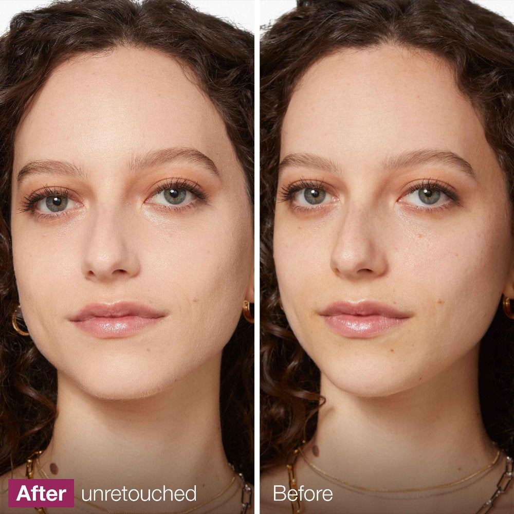 Before and after comparison of a woman's face with visible retouching.