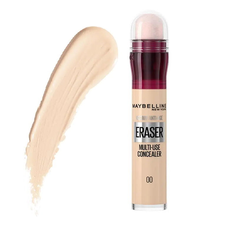 Maybelline Eraser Multi-Use Concealer with applicator and swatch on white background