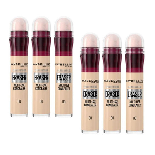 Set of Maybelline Eraser Multi-Use Concealer bottles on a white background