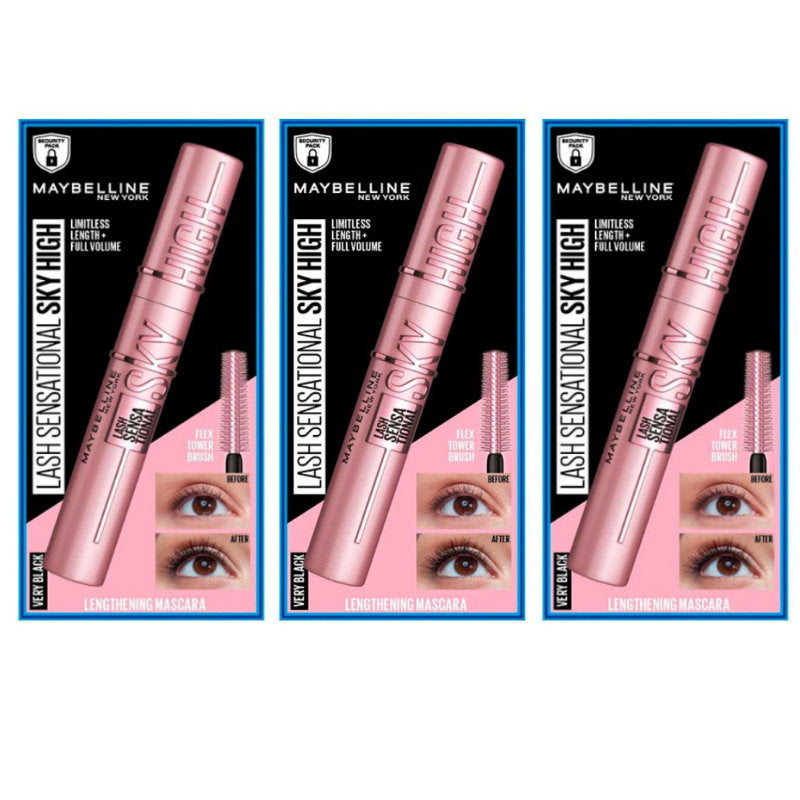 3x Maybelline Lash Sensational Sky High Washable Mascara 01 Very Black (carded)
