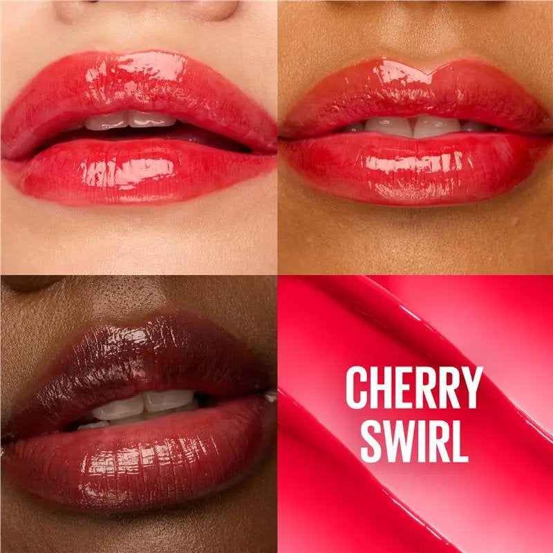Collage of red lips with 'Cherry Swirl' lipstick on a red background