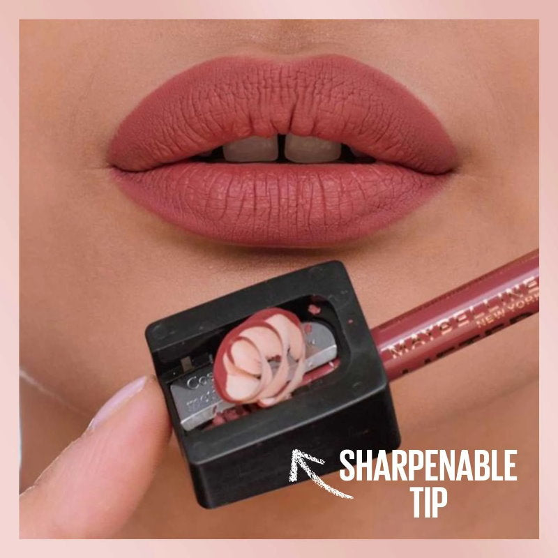 Lipstick with a sharpenable tip on a close-up of lips