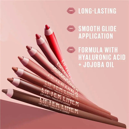 Maybelline Lifter Hydrating Longwear Lip Liner  - Set of lip liner pencils with product features on a pink background