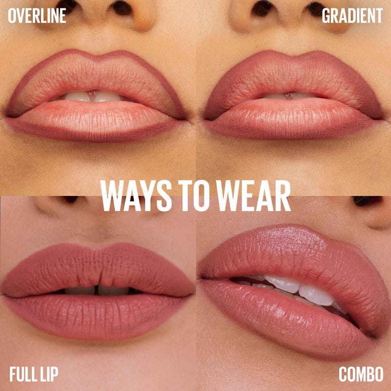 Lipstick application examples with text labels on a close-up of lips. Makeup Warehouse Australia 