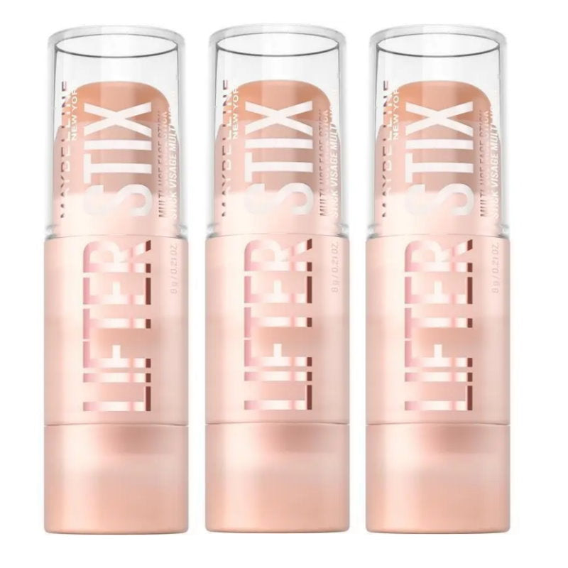 Three 'Lifter Stix' cosmetic products in rose gold packaging on a white background