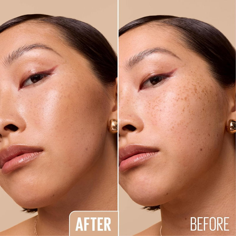 Before and after comparison of a woman's face with visible skin texture differences.