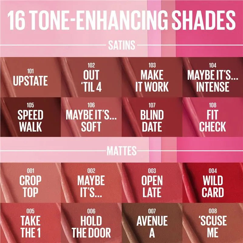 Maybelline Moisturising Serum Lipstick - Color swatches with text labels for lipstick shades on a pink background