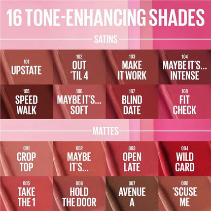 Maybelline Moisturising Serum Lipstick - Color swatches with text labels for lipstick shades on a pink background