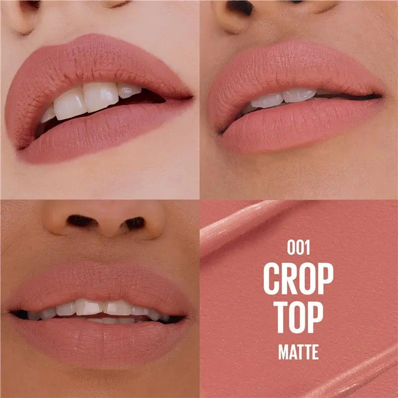 Collage of a person wearing a pink lipstick with close-up shots and a swatch labeled '001 Crop Top Matte'.