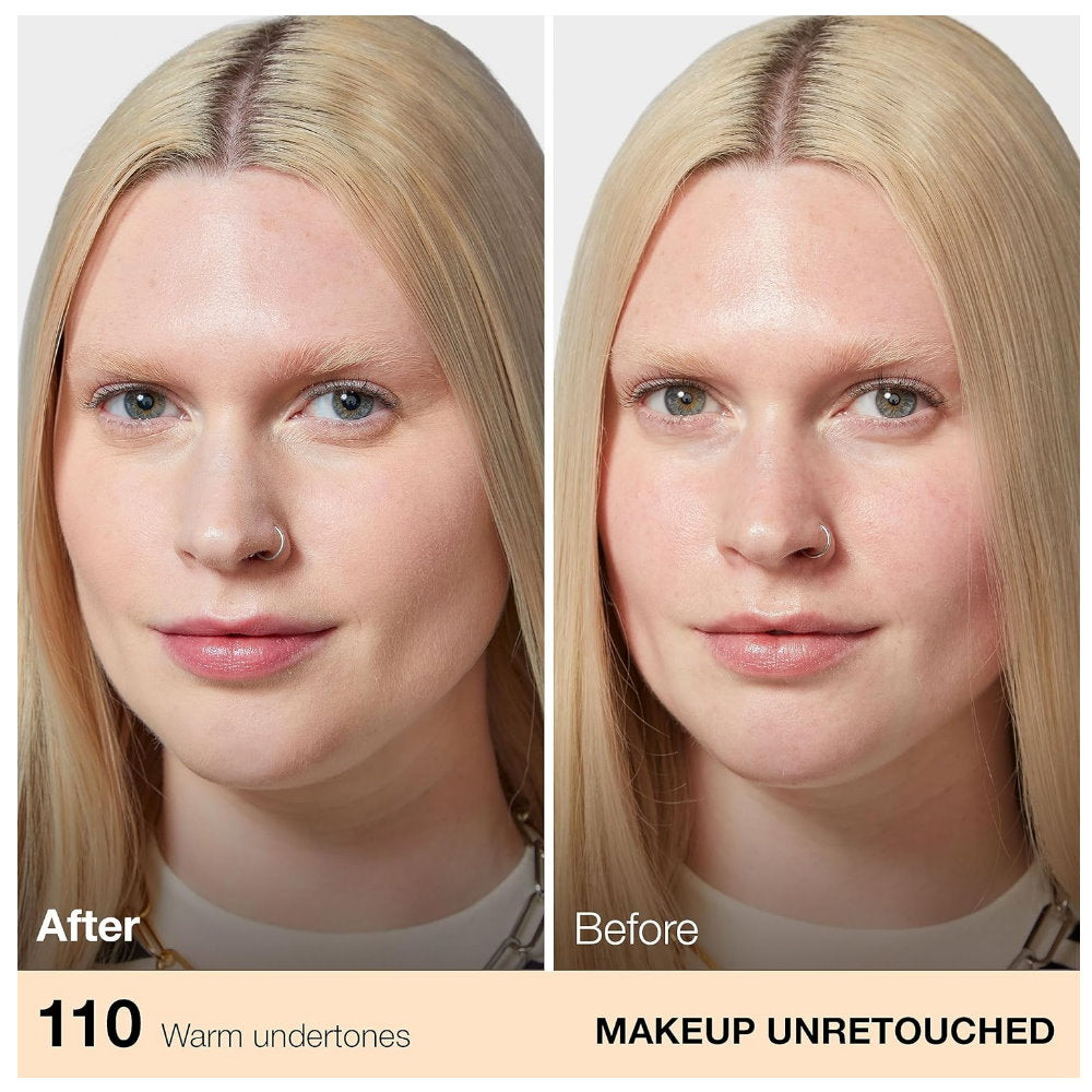 Side-by-side comparison of a woman's face labeled 'After' with warm undertones and 'Before' without makeup retouching.