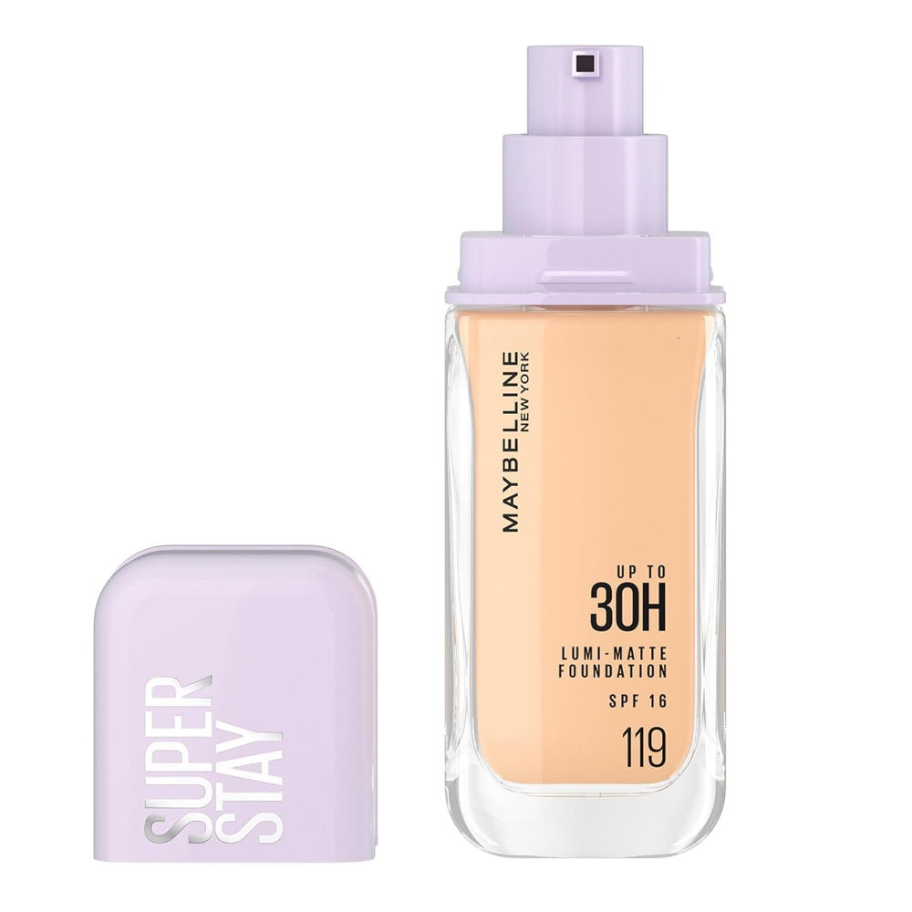 Maybelline Super Stay foundation bottle with purple cap on a white background
