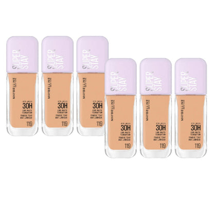 Set of Maybelline Super Stay foundation bottles on a white background