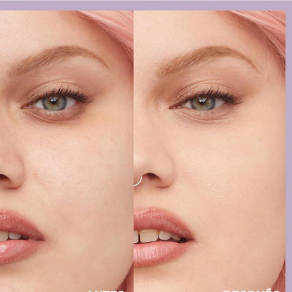 Close-up of a woman's face with a side-by-side comparison on a purple background